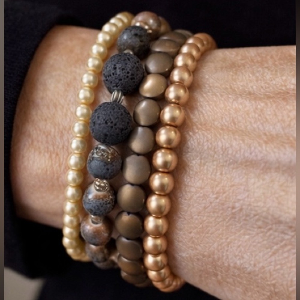 4 Piece Beaded Bracelet Stack/Pearl/bronze/natural/textured lava beads 🤎🤍